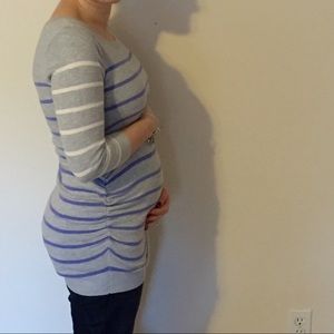 Motherhood Maternity Sweaters - Maternity Grey, White & Periwinkle Striped Sweater Motherhood Maternity Sweaters - Maternity Grey, White & Periwinkle Striped Sweater